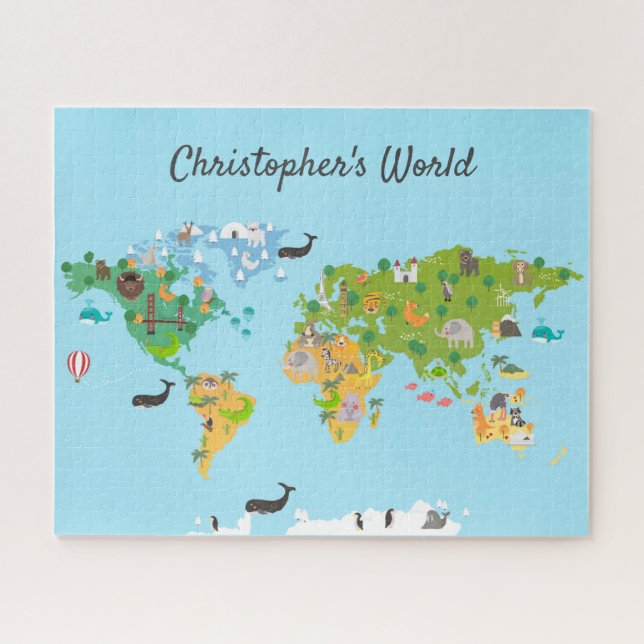 Puzzle Enfants Carte du monde Animaux Monogramme moderne  (Horizontal)