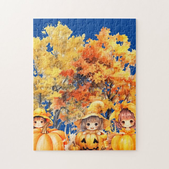 Puzzle enfants jouant avec les citrouille (Vertical)
