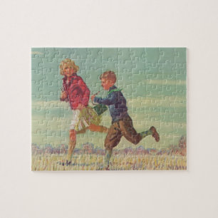 Puzzle Enfants vintages qui courent à l'école portant des