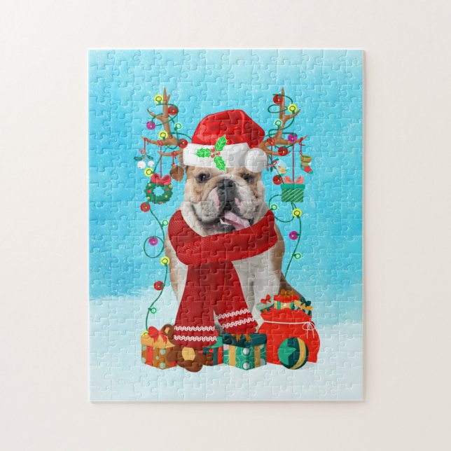 Puzzle English Bulldog in snow with Christmas gifts (Vertical)