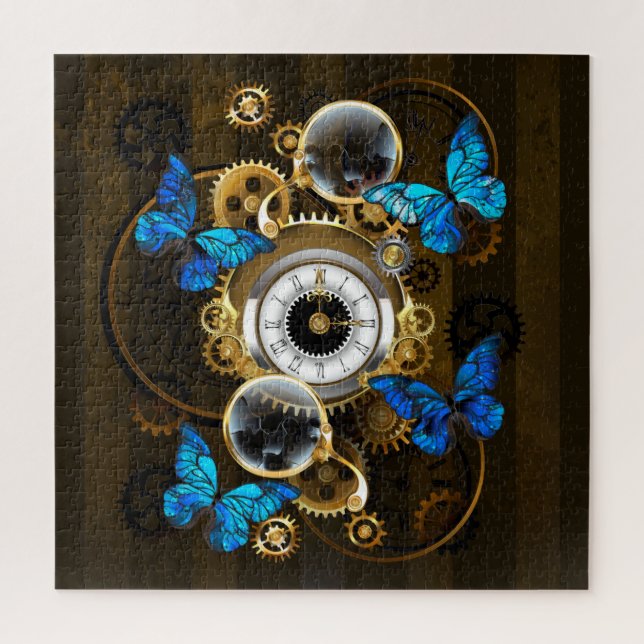Puzzle Engrenages à vapeur et papillons bleus (Vertical)