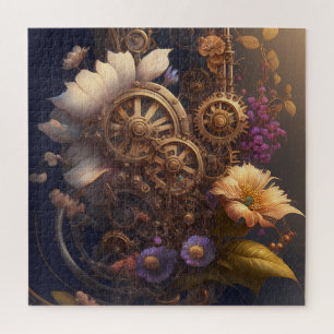 Puzzle Engrenages Steampunk et fleurs violettes et blanch