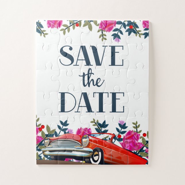 Puzzle Enregistrer la date Vintage voiture rouge (Vertical)