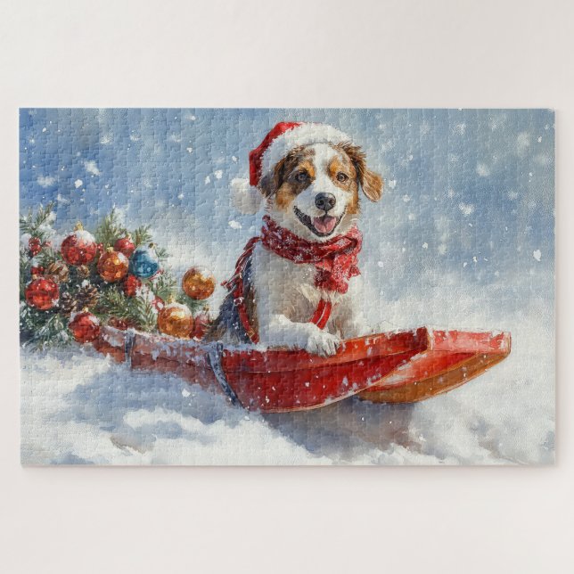 Puzzle Epagneul breton dans un traîneau de Noël (Horizontal)