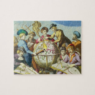 Puzzle Explorateurs vintages avec carte du monde antique,