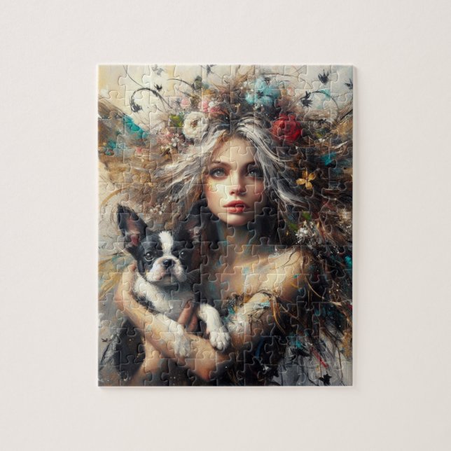 Puzzle Fairy Holding a mignon Boston Terrier Chiot (Vertical)