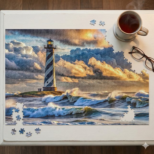 Puzzle Faisceau du phare spectaculaire avec des vagues or (Dramatic Lighthouse Seascape with Stormy Waves Jigsaw Puzzle Mockup A)