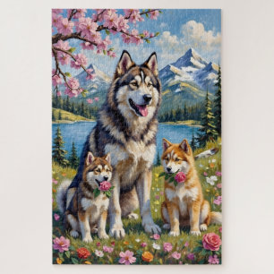 Puzzle Famille de Malamute d'Alaska dans une Prairie - Ar