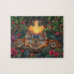 Puzzle Famille de Tigres Coucher de Soleil Jungle Art Tro