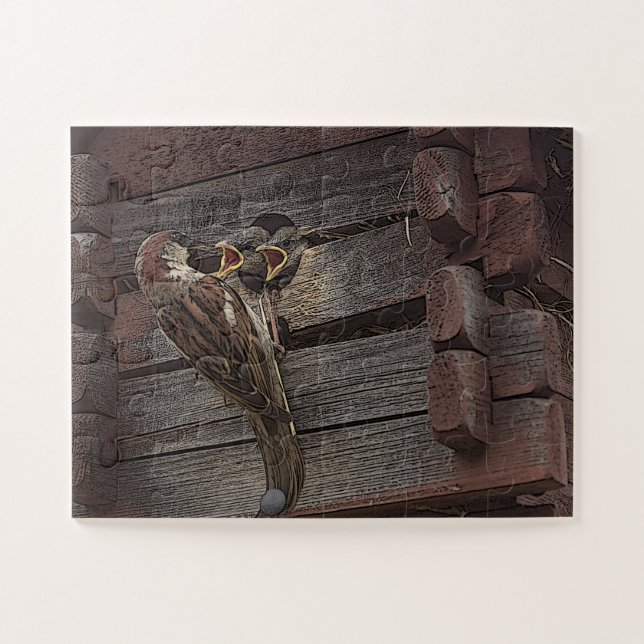 Puzzle Famille du Bruant Nourrissant Bébé Oiseaux (Horizontal)