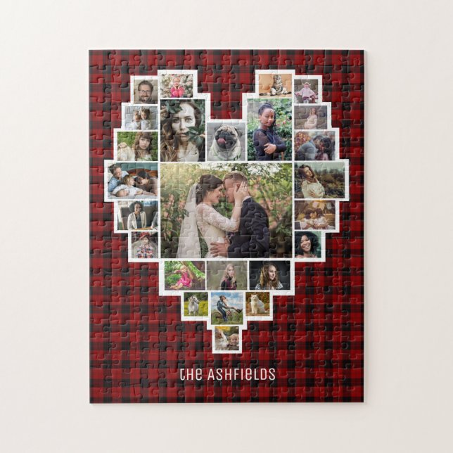 Puzzle Famille Photo Collage Coeur Rouge Plaid 25 Nom Pic (Vertical)