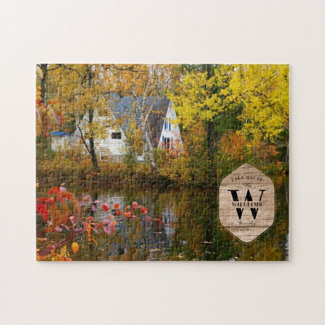 Puzzle Family Lake House Photo Monogramme Keepsaké Rustiq (Horizontal)
