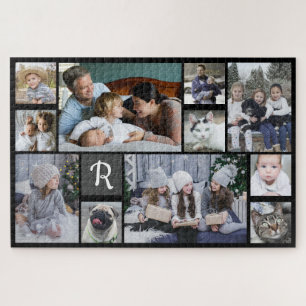 Puzzle Family Photo Collage Monogrammed Black 11 Pictures