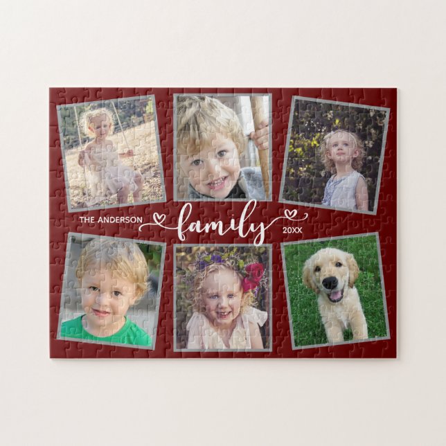 Puzzle Family Script Hearts Dark Red Photo Collage (Horizontal)