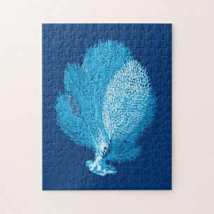 Puzzle Fan Coral Sea Life Print, Indigo Blue and White