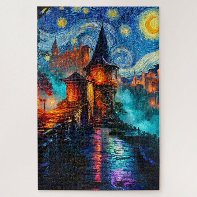 Puzzle Fantasy Castle Starry Night Magical Painting (Vertical)