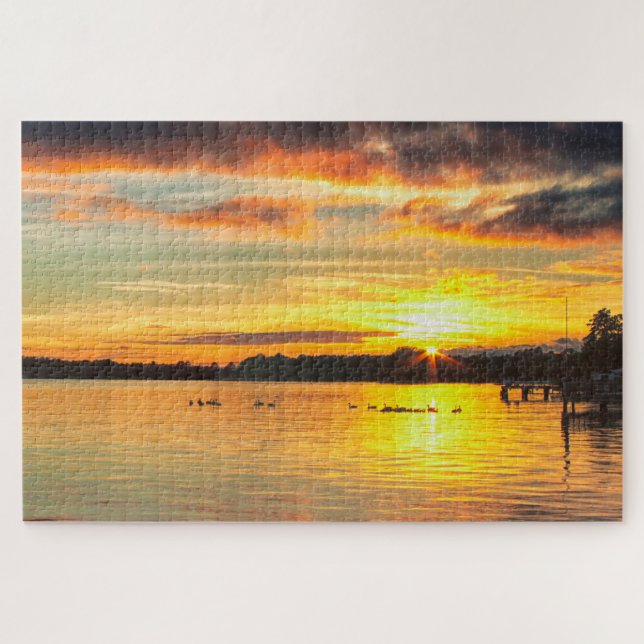 Puzzle Faune sur le coucher du soleil de lac (Horizontal)