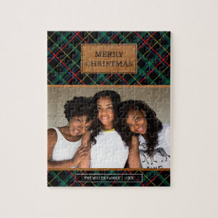Puzzle Faux cuir brun tartan rouge et vert de Noël