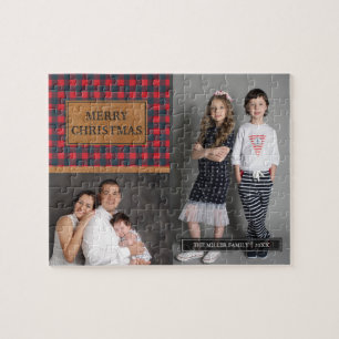 Puzzle Faux Leather Buffalo Plaid Christmas Photo Collage