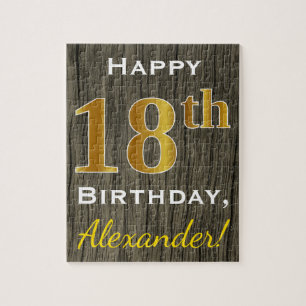 Puzzle Faux Wood, Faux Gold 18e anniversaire + Nom person