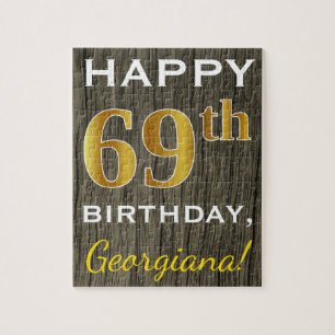 Puzzle Faux Wood, Faux Gold 69e anniversaire + Nom person