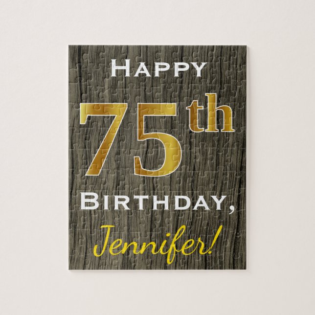 Puzzle Faux Wood, Faux Gold 75e anniversaire + Nom person (Vertical)