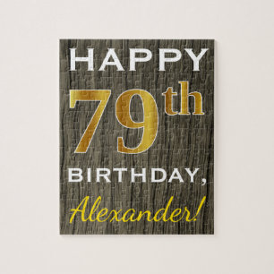 Puzzle Faux Wood, Faux Gold 79e anniversaire + Nom person