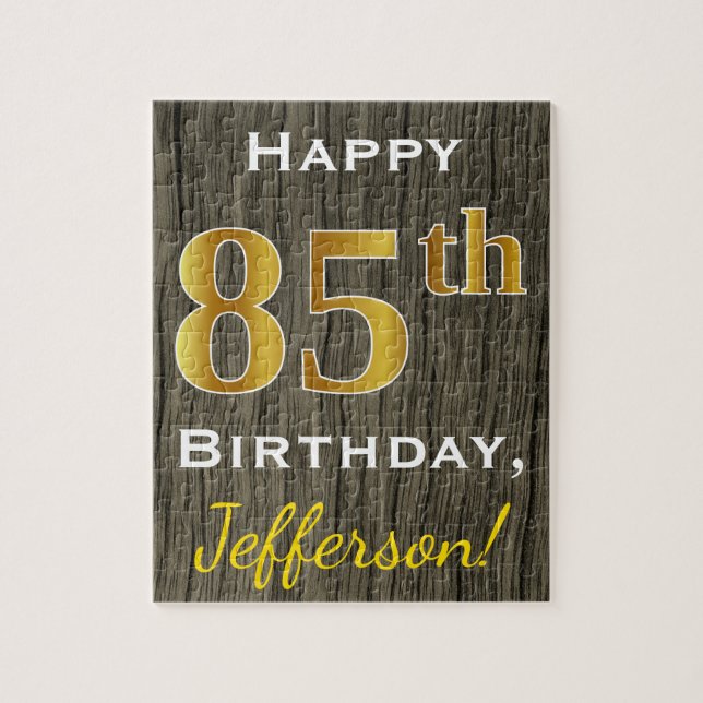 Puzzle Faux Wood, Faux Gold 85e anniversaire + Nom person (Vertical)