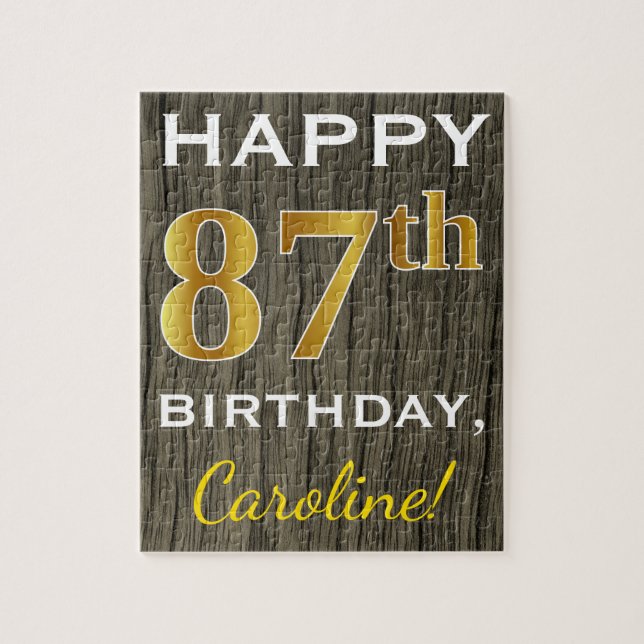 Puzzle Faux Wood, Faux Gold 87e anniversaire + Nom person (Vertical)