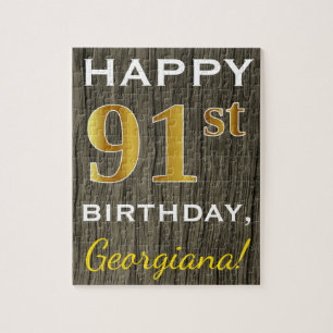 Puzzle Faux Wood, Faux Gold 91e anniversaire + Nom person