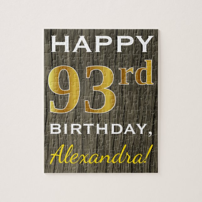 Puzzle Faux Wood, Faux Gold 93e anniversaire + Nom person (Vertical)