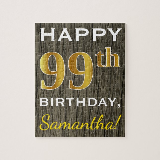 Puzzle Faux Wood, Faux Gold 99e anniversaire + Nom person (Vertical)