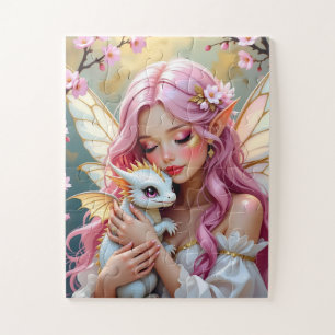 Puzzle Fée aux cheveux roses et bébé dragon blanc  