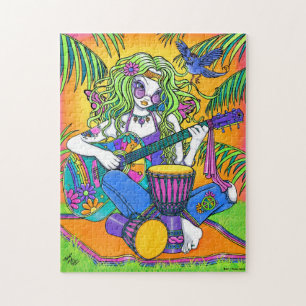 Puzzle féerique hippie de guitare d'arc-en-ciel de