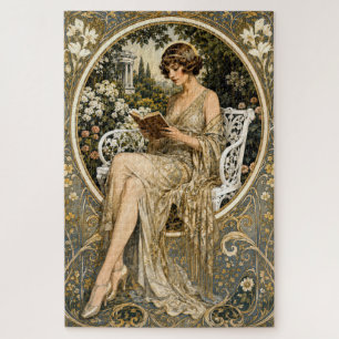 Puzzle Femme Art Nouveau lisant dans un jardin