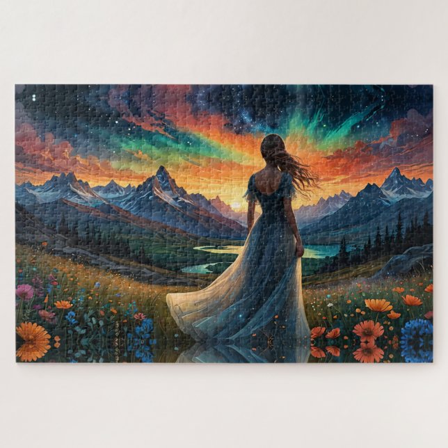 Puzzle Femme au champ floral Sunrise au-dessus du lac Mou (Horizontal)