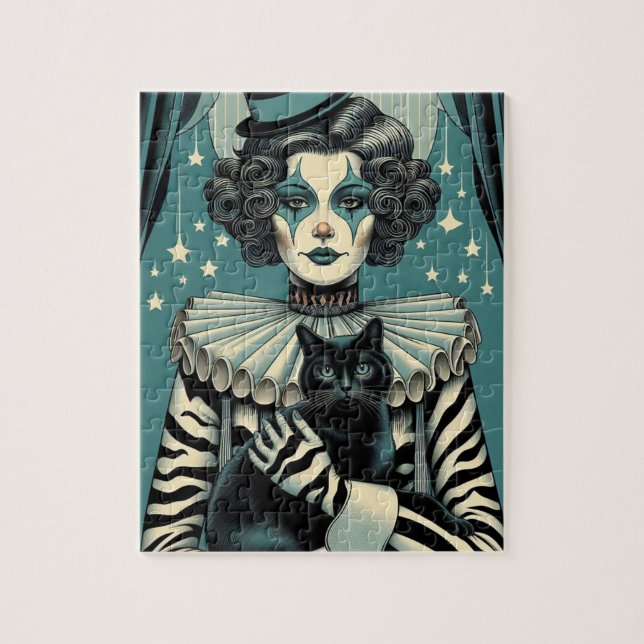 Puzzle Femme clown de cirque et chat noir (Vertical)