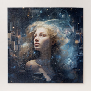 Puzzle Femme cosmique entourée de livres