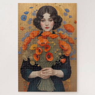 Puzzle Femme élégante tenant un bouquet de fleurs de pavo