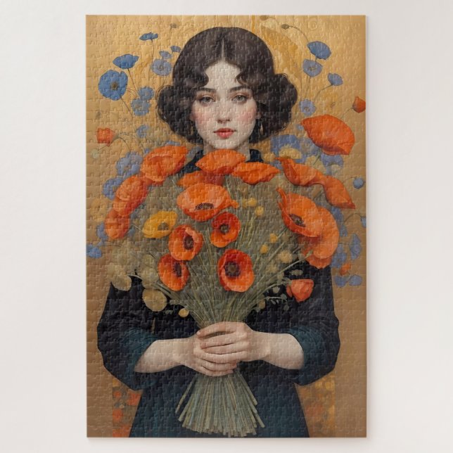 Puzzle Femme élégante tenant un bouquet de fleurs de pavo (Vertical)