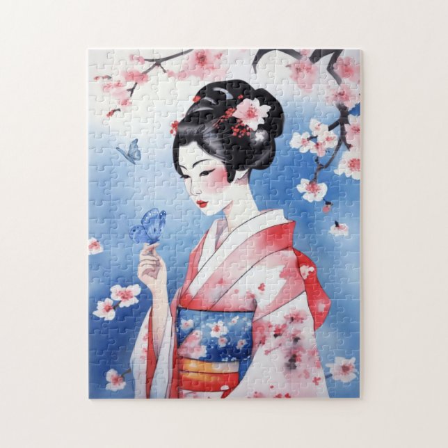 Puzzle Femme japonaise avec un papillon bleu (Vertical)