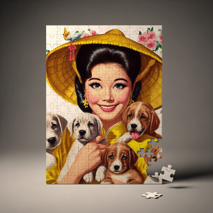 Puzzle Femme Japonaise Vintage et Chiots