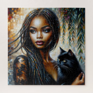 Puzzle Femme Noire Avec Art Chat Noir