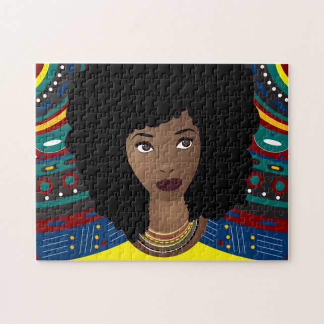 Puzzle Femme noire, Cheveux naturels, Arrière - plan trib (Horizontal)
