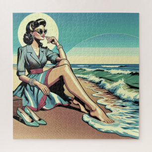 Puzzle Femme rétro des années 1950 assise sur la plage