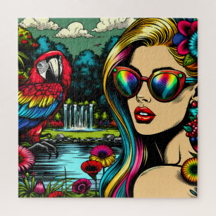 Puzzle Femme Rétro et Perroquet dans le Parc Pop Art