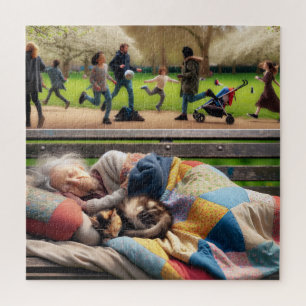Puzzle Femme sans abri faisant la sieste sur un banc de p