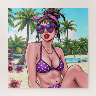 Puzzle Femmes en Bikini violet et Bandanna à la plage