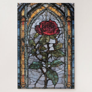 Puzzle Fenêtre en verre tendu avec Rose rouge foncé