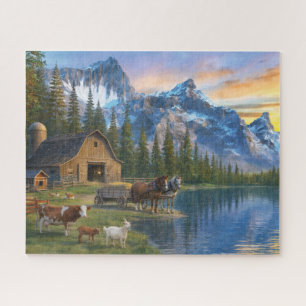 Puzzle Ferme de montagne au coucher du soleil Scène rural